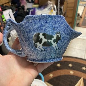 Blue Speckled Cow Art Spongeware Pitcher